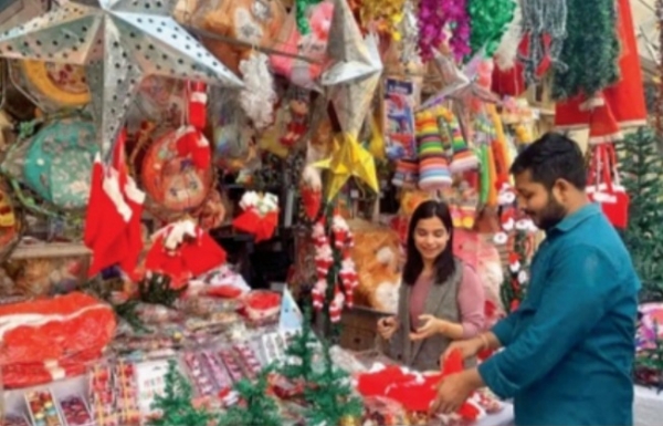 A Christmas market set up in Ranchi, people shopping