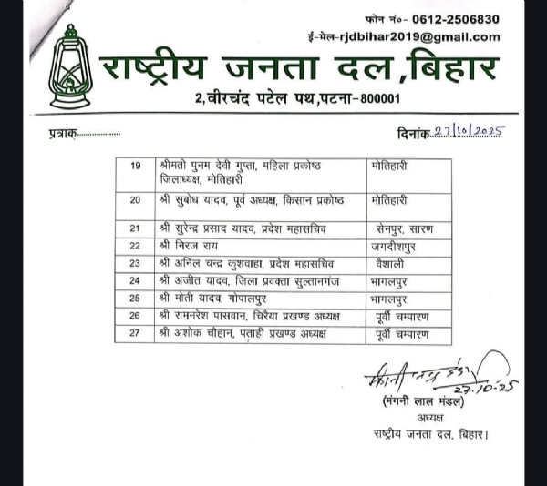 باغیوں کے خلاف آر جے ڈی نےبڑی کارروائی کی، ریتو جیسوال اور محمد کامران سمیت 27 لیڈروں کو پارٹی سے نکالا باغیوں کے خلاف آر جے ڈی نےبڑی کارروائی کی، ریتو جیسوال اور محمد کامران سمیت 27 لیڈروں کو پارٹی سے نکالا