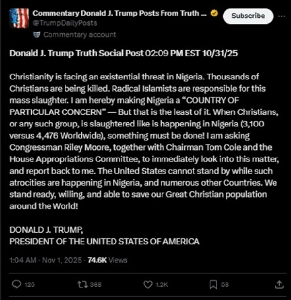 ٹروتھ سوشل پر ٹرمپ کی پوسٹ