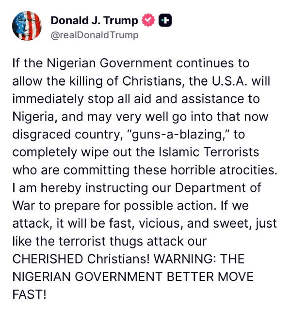 ٹرمپ نے ایک بار پھر نائیجیریا پر تنقید کی، امریکی محکمہ جنگ کو کارروائی کے لیے تیار رہنے کی ہدایت