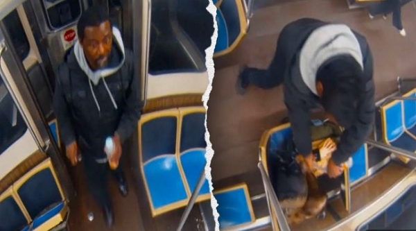 شکاگو ٹرین کی فوٹیج میں، ریڈ مبینہ طور پر ایک عورت کے پیچھے آتا ہے اور اسے آگ لگانے سے پہلے اس کے سر اور جسم پر مائع چھڑکتا ہے۔ تصویر: فاکس نیوز