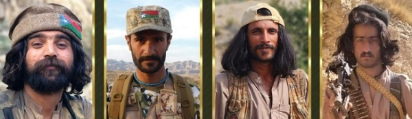 بلوچ لبریشن آرمی کے کمانڈر سنگت زوہیر عرف حق نواز، منظور کرد عرف بختیار چیتا، سمیع اللہ عرف جاوید فاہلیہ اور نصیر احمد عرف میرک بائیں سے دائیں۔ فائل فوٹو دی بلوچستان پوسٹ