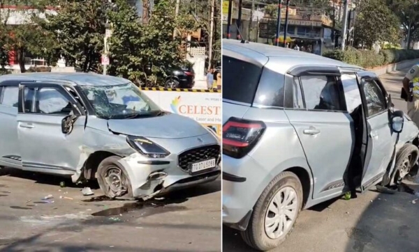 فلم نگر مین روڈ پر تیز رفتار کار فلمی انداز میں الٹ گئی، ہوٹل کے قریب خوف