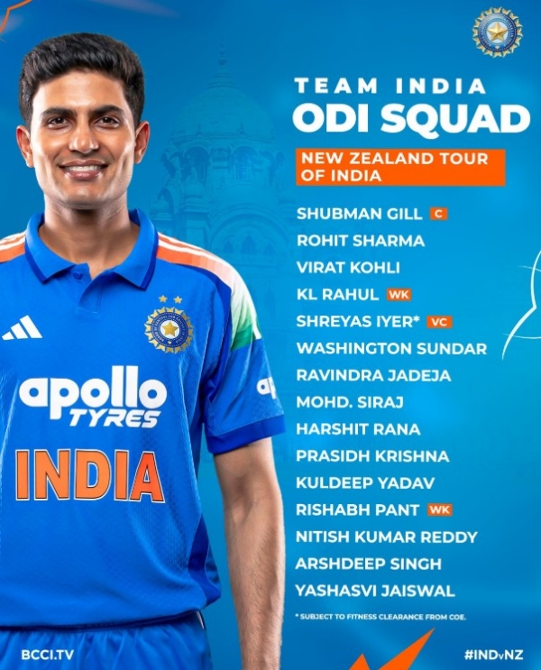 نیوزی لینڈ کے خلاف ون ڈے سیریز کے لیے بھارتی ٹیم کی کپتانی شبھمن گل کریں گے، محمد شامی ٹیم میں شامل نہیں کئے گئے