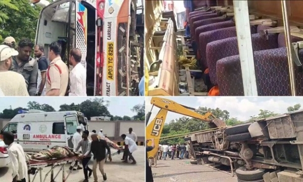 وِقارآباد میں خانگی  بس بے قابو ہوکر پلٹی، کئی مسافر زخمی