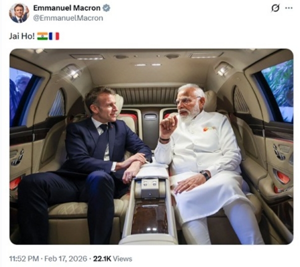 فرانس کے صدر ایمانوئل میکرون اور ہندوستان کے وزیر اعظم نریندر مودی۔ میکرون نے اس فوٹو کو ہی ایکس پر شیئر کرتے ہوئے لکھا کہ جے ہو۔ فرانس کے صدر ایمانوئل میکرون اور ہندوستان کے وزیر اعظم نریندر مودی۔ میکرون نے اس فوٹو کو ہی ایکس پر شیئر کرتے ہوئے لکھا کہ جے ہو۔
