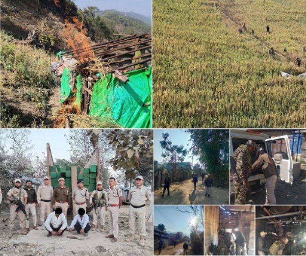 منی پور میں افیم کی کھیتی تباہ کیے جانے، گرفتار لکڑی اسمگلر اور تلاشی مہم چلاتے سیکورٹی اہلکاروں کا منظر منی پور میں افیم کی کھیتی تباہ کیے جانے، گرفتار لکڑی اسمگلر اور تلاشی مہم چلاتے سیکورٹی اہلکاروں کا منظر