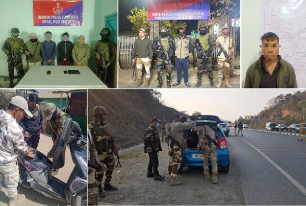 منی پور پولیس کے ذریعے گرفتار عسکریت پسند کیڈر اور تلاشی مہم چلاتے ہوئے پولیس اہلکار کی تصویر