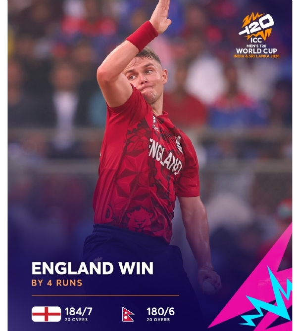 ٹی20 ورلڈ کپ کے سنسنی خیز مقابلے میں انگلینڈ نے نیپال کو 4 رنز سے شکست دی ٹی20 ورلڈ کپ کے سنسنی خیز مقابلے میں انگلینڈ نے نیپال کو 4 رنز سے شکست دی