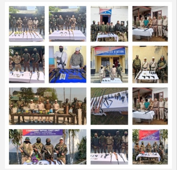 منی پور میں بڑے پیمانے پر بھاری مقدار میں ہتھیار، گولہ بارود برآمد اور کے وائی کے ایل عسکریت پسند کی گرفتاری کی تصویر۔