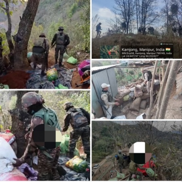 منی پور کے اکھرل میں سیکورٹی فورسز کی جانب سے کی گئی بڑی کارروائی کی تصویر جس میں بنکر تباہ کر کے اسلحہ اور گولہ بارود برآمد کیا گیا۔