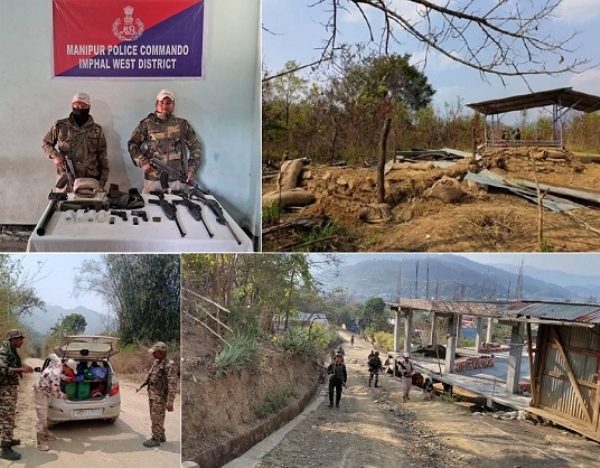 منی پور: برآمد شدہ ہتھیار، تباہ شدہ بنکر اور تلاشی مہم چلاتے ہوئے سیکورٹی اہلکار