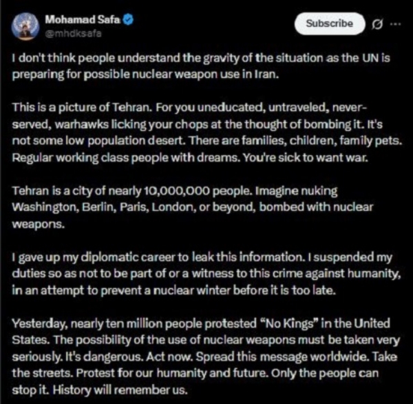 یو این اہلکار محمد صفا کا ایکس پوسٹ