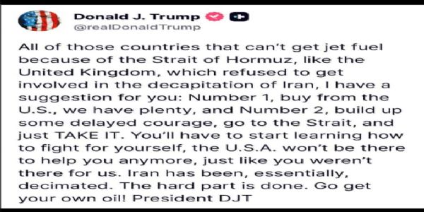 ٹرمپ نے مغربی ممالک کو نشانہ بنایا:کہا امریکہ سے تیل خریدیں یا ہرمز پر قبضہ کریں۔
