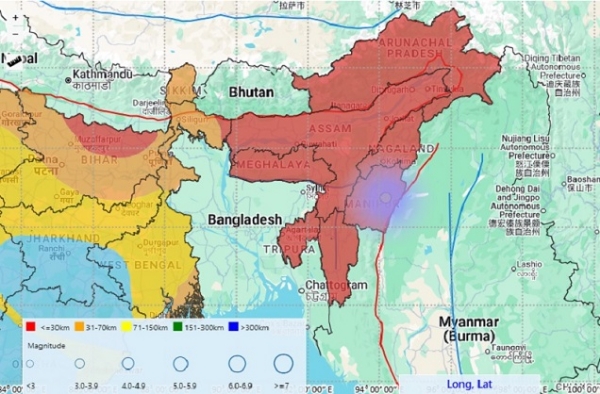 منی پور کے کامجونگ ضلع میں آئے زلزلے کا میپ