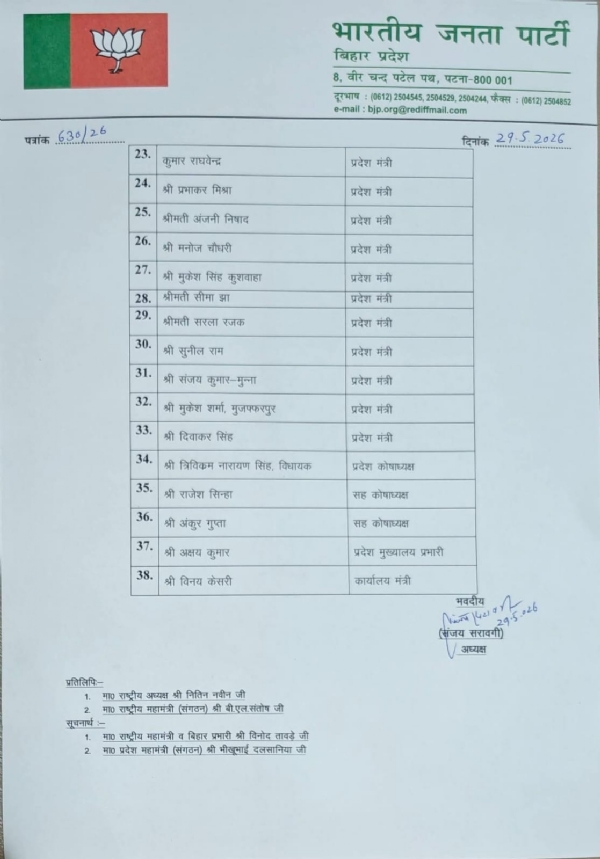 بہار بی جے پی نے ریاستی عہدیداروں کی نئی فہرست جاری کی، 14 نائب صدور اور کئی اہم تقرری بہار بی جے پی نے ریاستی عہدیداروں کی نئی فہرست جاری کی، 14 نائب صدور اور کئی اہم تقرری