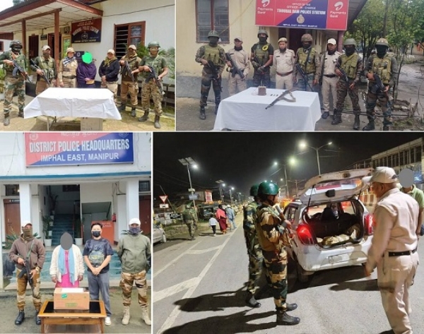 منی پور: گرفتار پریپاک (پرو) کی خاتون کیڈر اور ہیروئن کے ساتھ خاتون اسمگلر و ہتھیار اور گولہ بارود کے ساتھ گرفتار ملزم اور تلاشی مہم چلائے جانے کا منظر۔