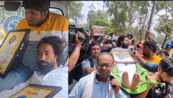ایمبولینس سے اسمبلی گھیراو¿ کے لیے پہنچے دیویندر ناتھ مہتو، حامیوں نے کندھے پر اٹھا کر آگے بڑھایا